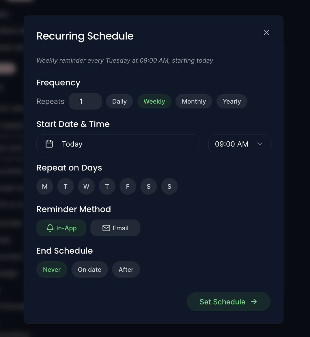 TaskGuru repeat reminders interface showing frequency options, start date and time, reminder method, and end schedule settings